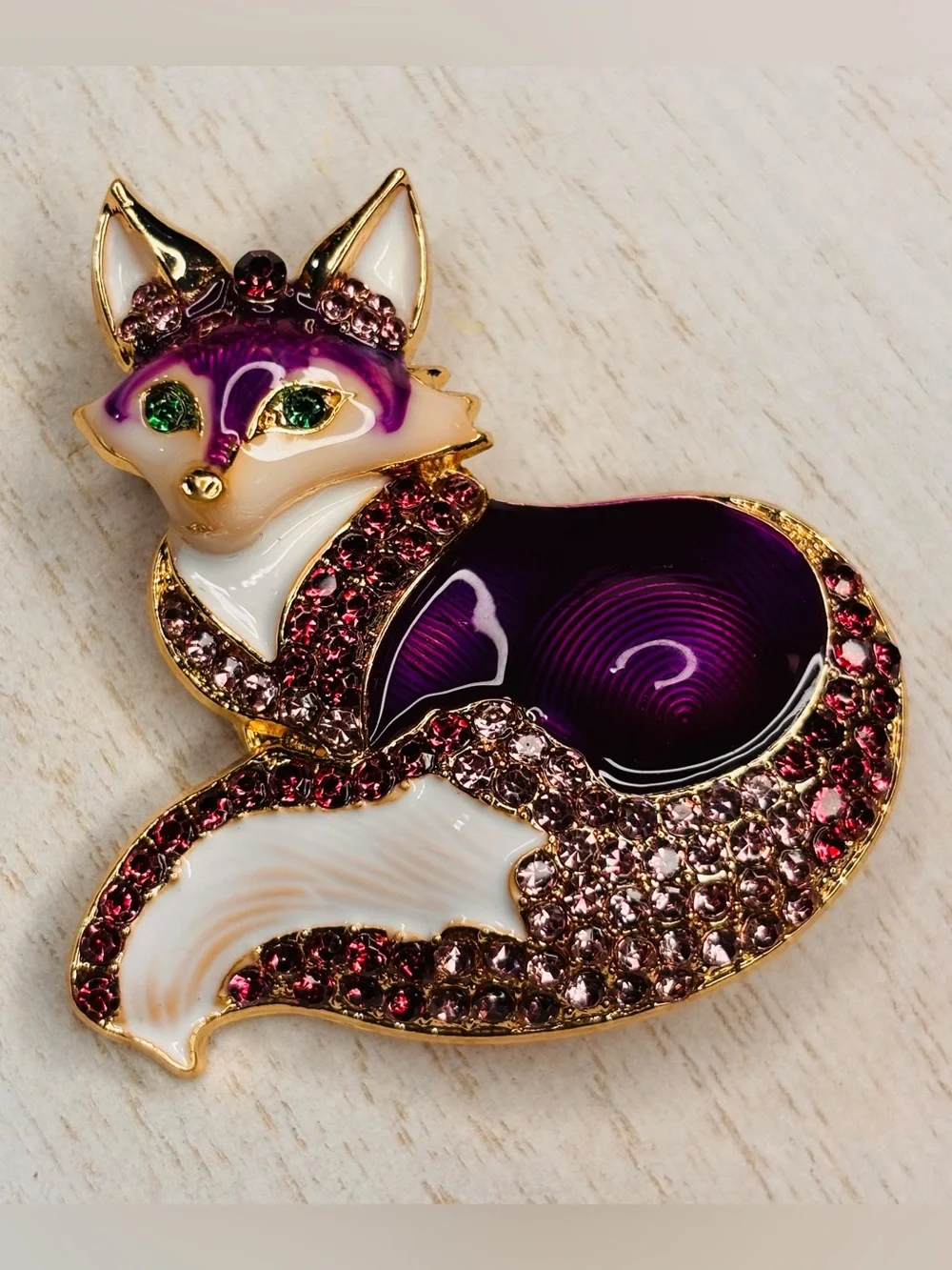 Purple Fox Rhinestone Brooch Pin – Gold Tone Enamel Woodland Animal Jewelry
